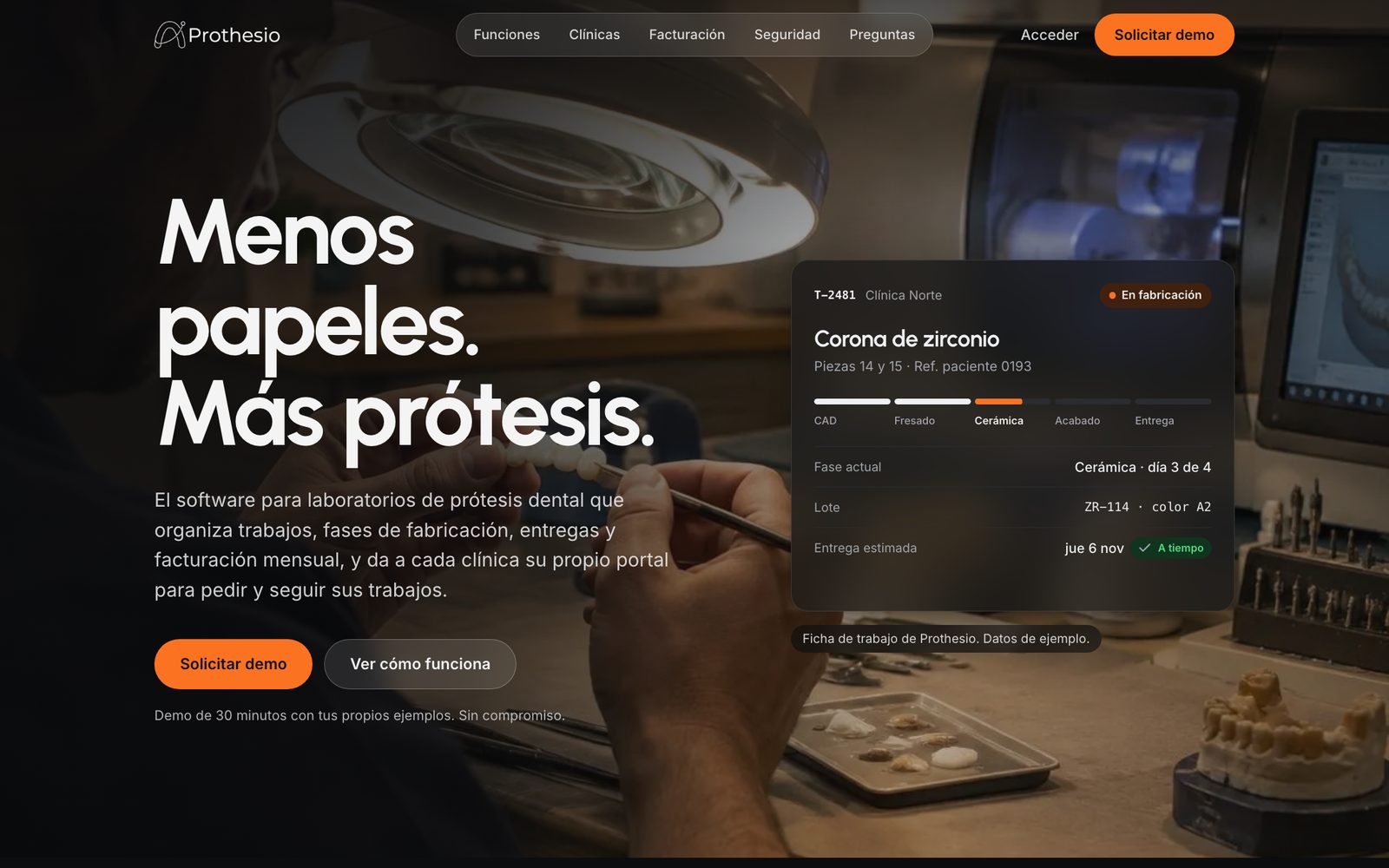 Web de Prothesio con una ficha de trabajo de ejemplo